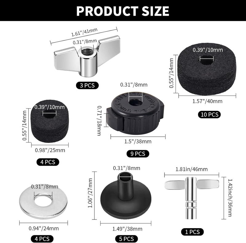 Seteol 36 PCS Cymbal Replacement Accessories, Clutch Felts, Drum Cymbal Felt Pads Include Wing Nuts & Washers & Plastic Cymbals Sleeves & Drum Key and Plastic Cymbals Nuts, Replacement for Drum Set,Black - Image 2